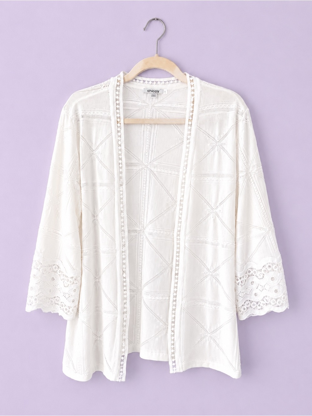 Chico's Cream Open-Front Crochet Trim Cardigan